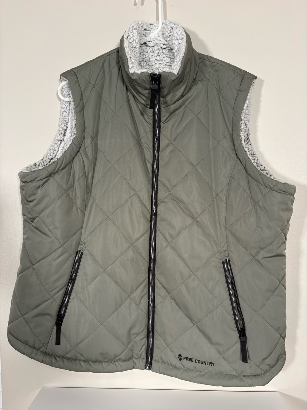 Free Country Quilted Reversible Vest in Olive and White Sherpa